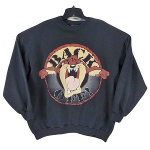 Vintage 97' Looney Tunes Taz Back Off  Sz L Black Crewneck Pull Over Sweatshirt